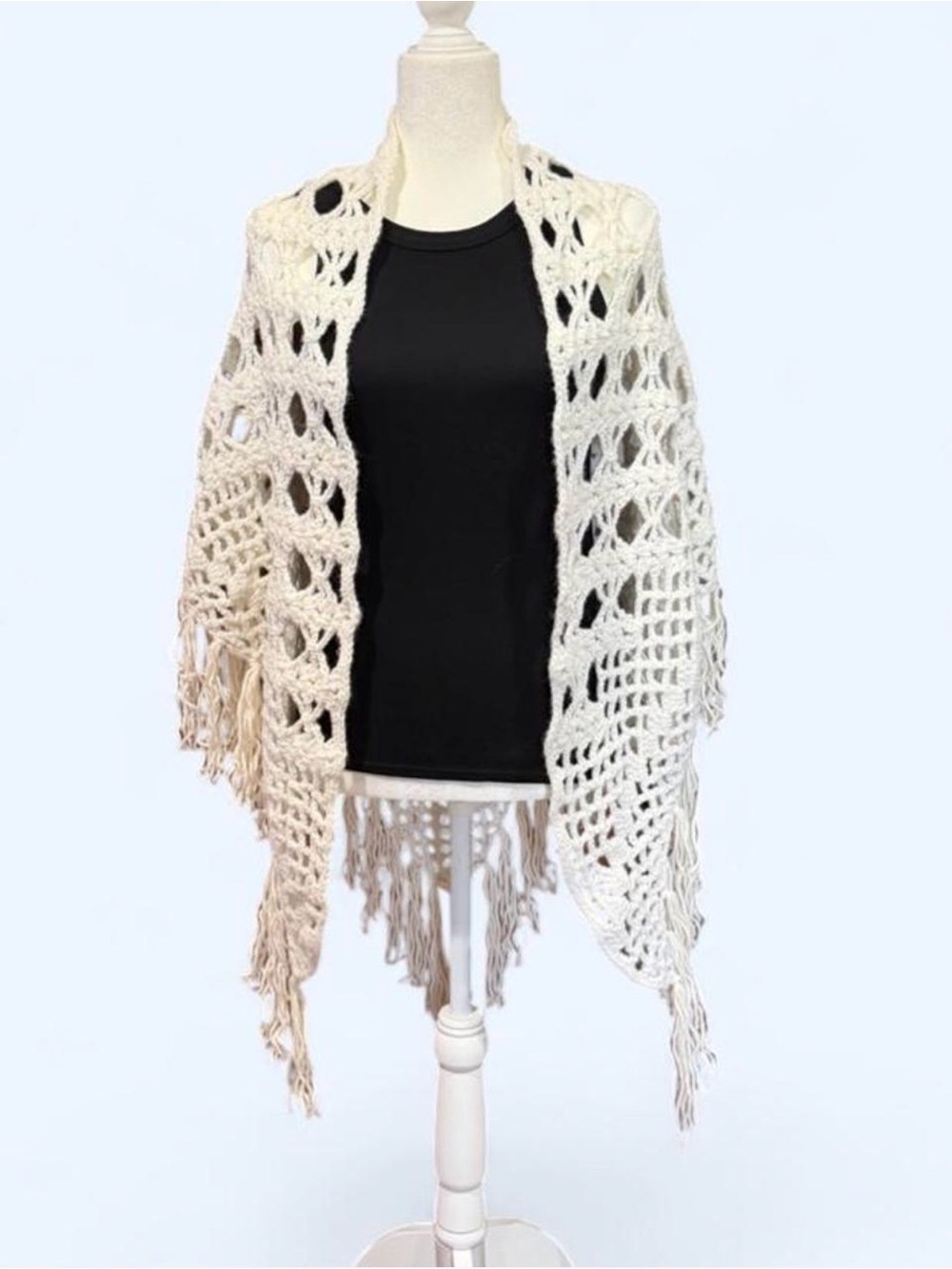 Cream White Crochet Fringe Shawl Sweater Wrap - Women